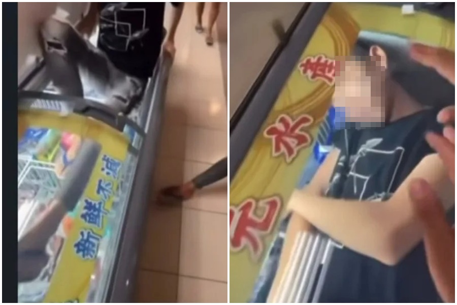 高雄一家萊爾富有名年輕男子爬進超商冰櫃內，一旁同行友人還跟著嘻戲喊「哥哥來看你囉」，影片曝光引發爭議。（翻攝畫面）