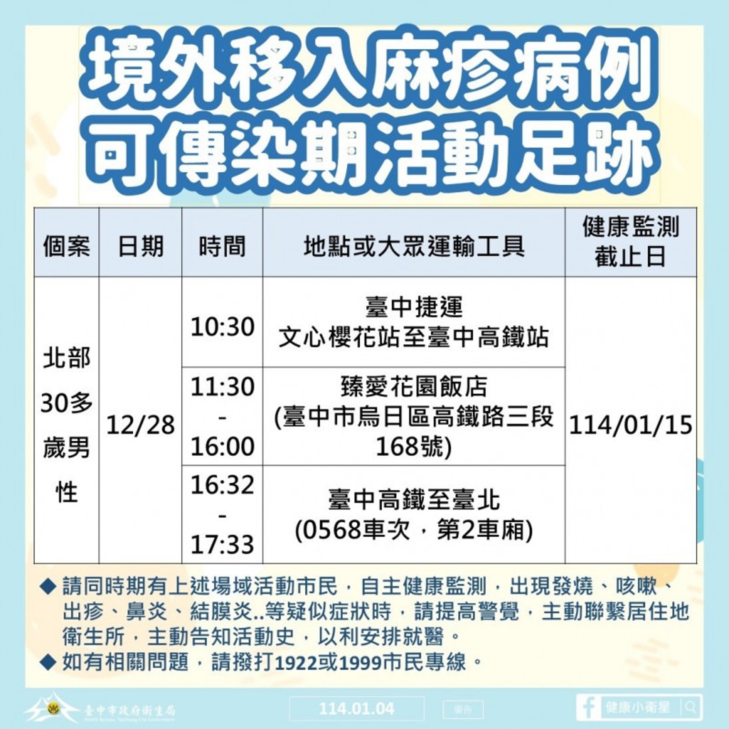 台中市衛生局公布麻疹個案足跡。（台中市衛生局提供）