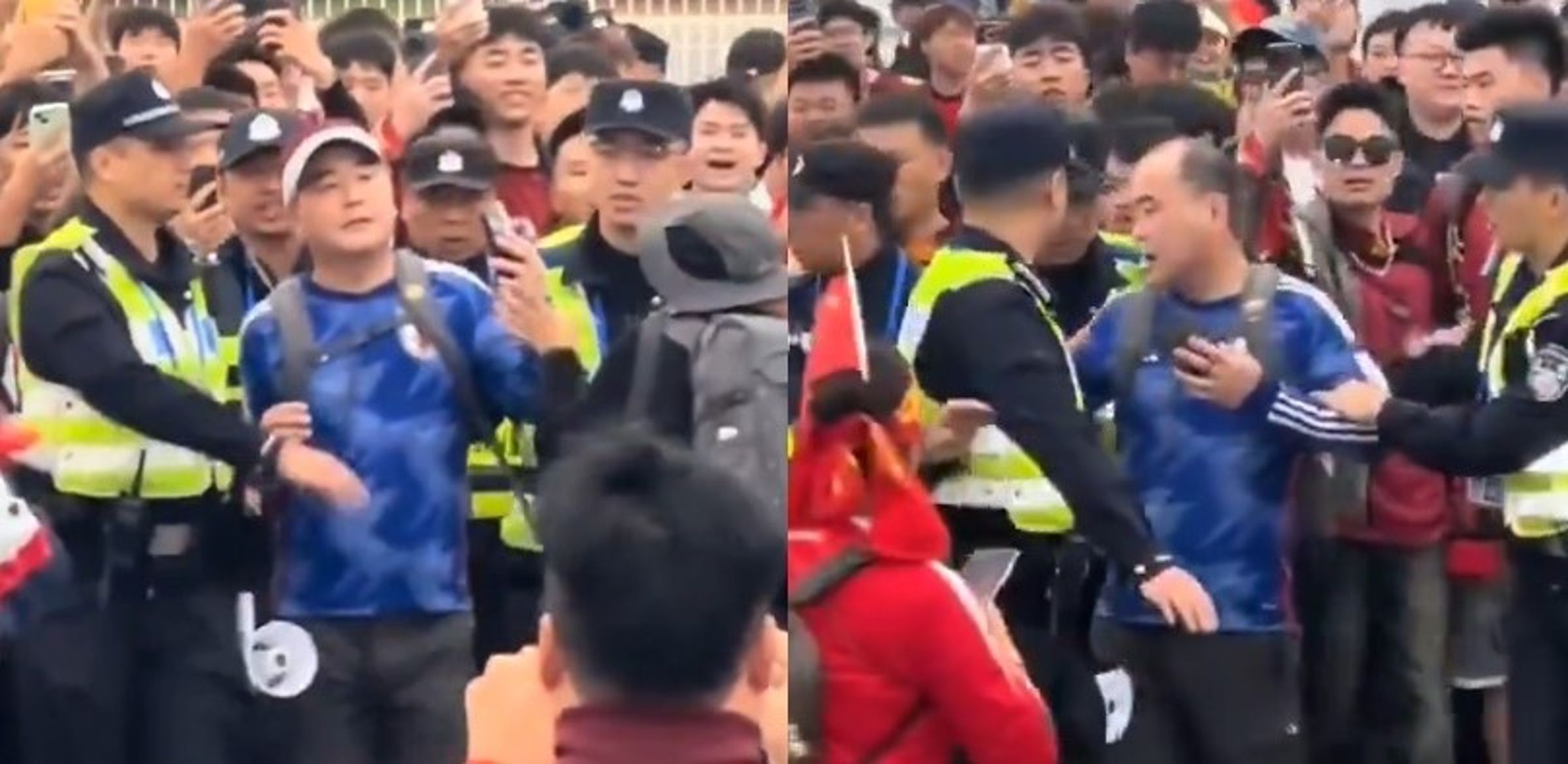 一名身穿日本隊球衣的男子在體育館外,遭大批中國人包圍,並大罵他是「漢奸」。(翻攝自X李老師不是你老師)