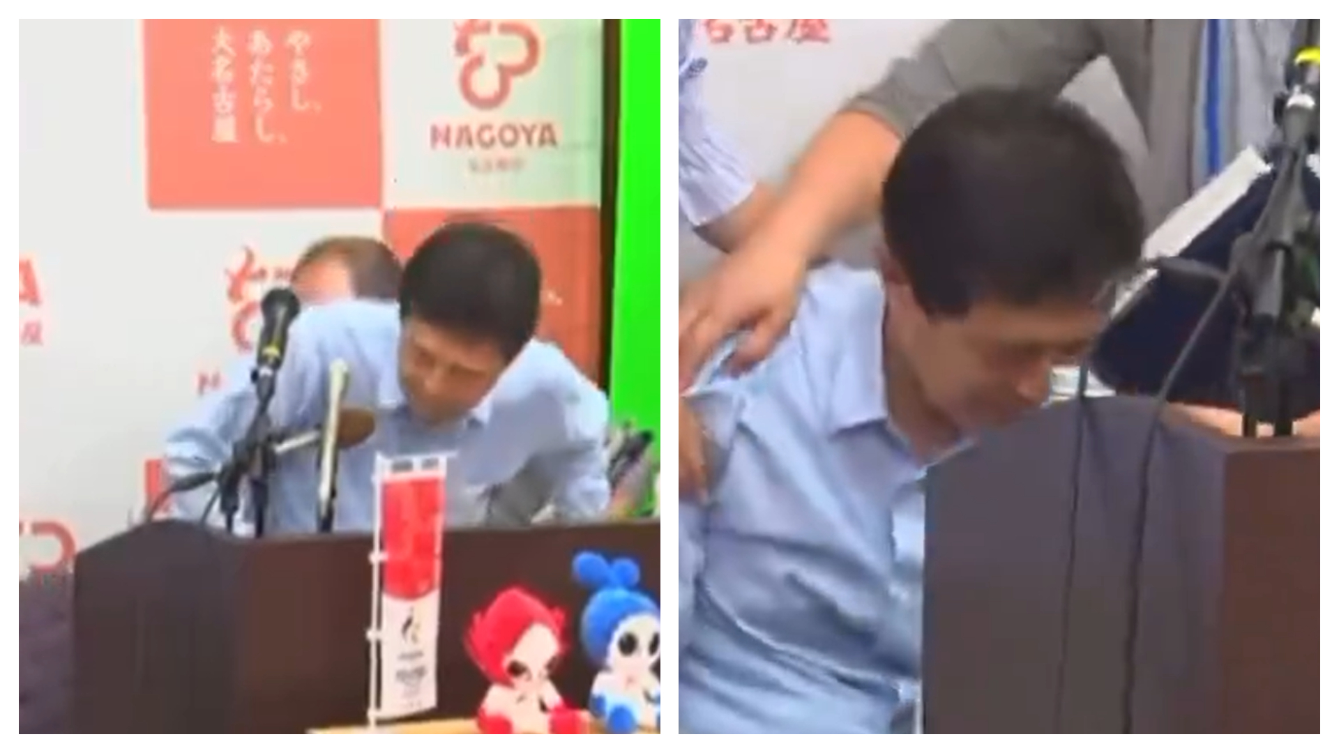 名古屋市長廣澤一郎於記者會上突然身體不適身體往前傾倒，緊急送醫。（翻攝自X@shitsurakutei）