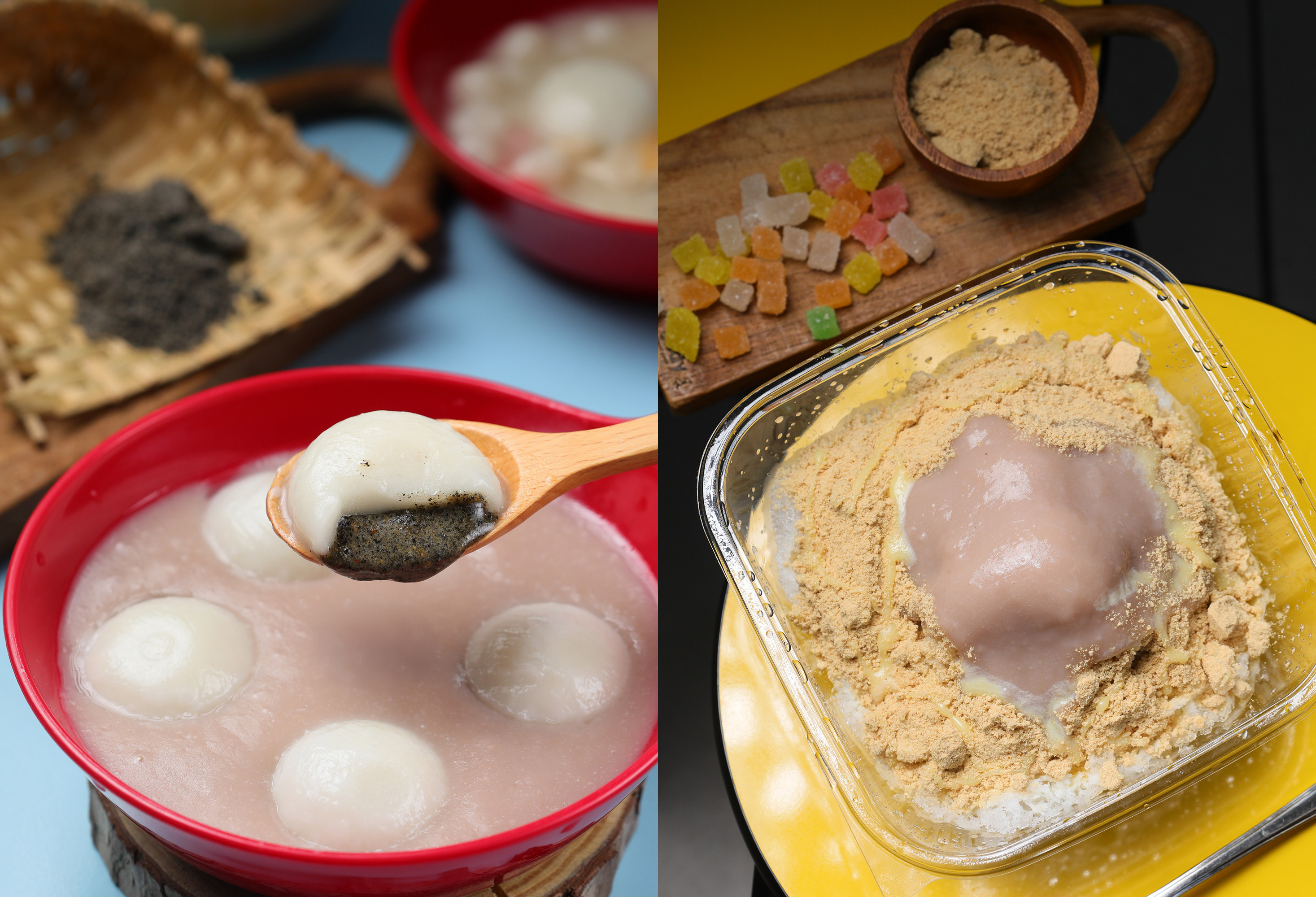 「六順豆花」的包餡湯圓與麵茶系列，都是冬季最為熱賣的甜品。