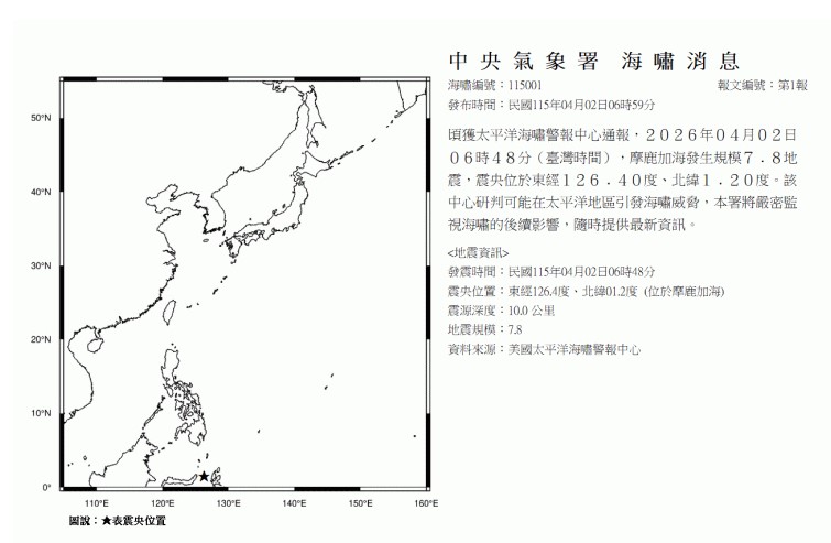 印尼外海今（2日）清晨發生規模7.4地震，氣象署連續發布3則海嘯消息。（翻攝自氣象署地震測報中心）