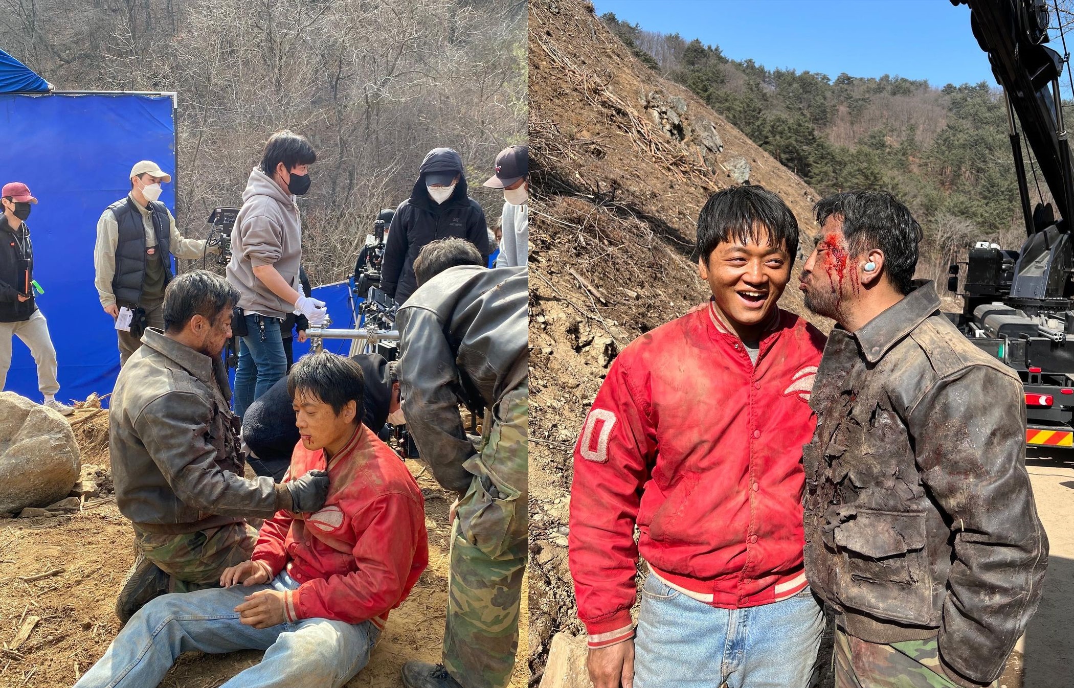 趙福來（紅衣服者）飾演北韓超能力者，這是他第一次和柳承龍合作，兩人拍完對打戲後柳承龍還親他臉頰。（翻攝自趙福來Instagram）