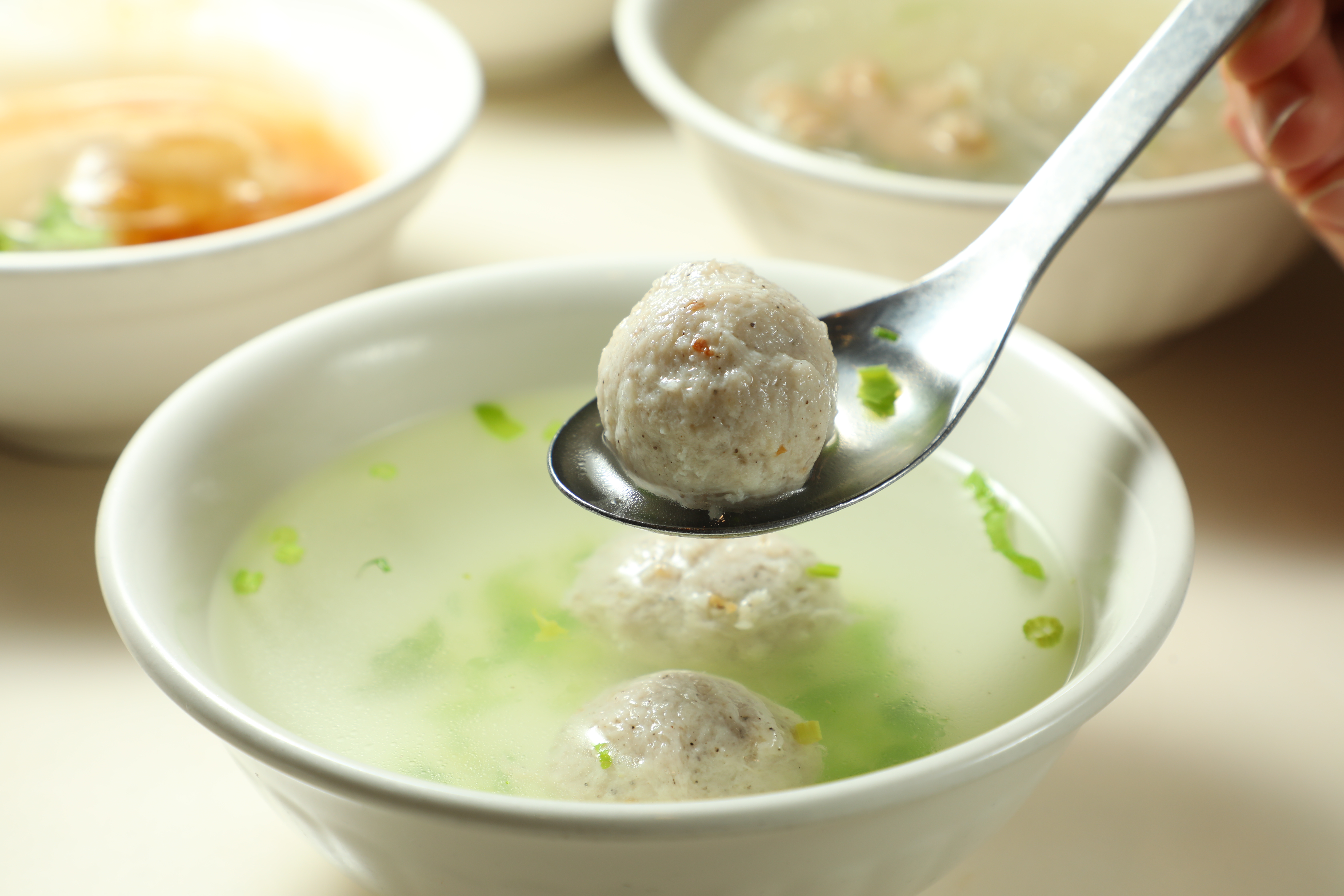 「台中肉員」的美味肉圓搭配冬粉湯和清爽甘甜的魚丸湯，價格實惠，讓裴社長直呼值得一去再去。（何宗昇攝）