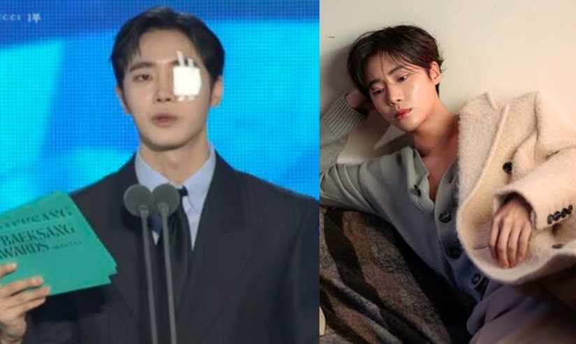 南韓新生代男星秋泳愚昨出席第62屆百想藝術大賞，被發現左眼貼著顯眼的繃帶，引發全場與網路粉絲高度關注。（翻攝自NAVER、instagram/cu.young）