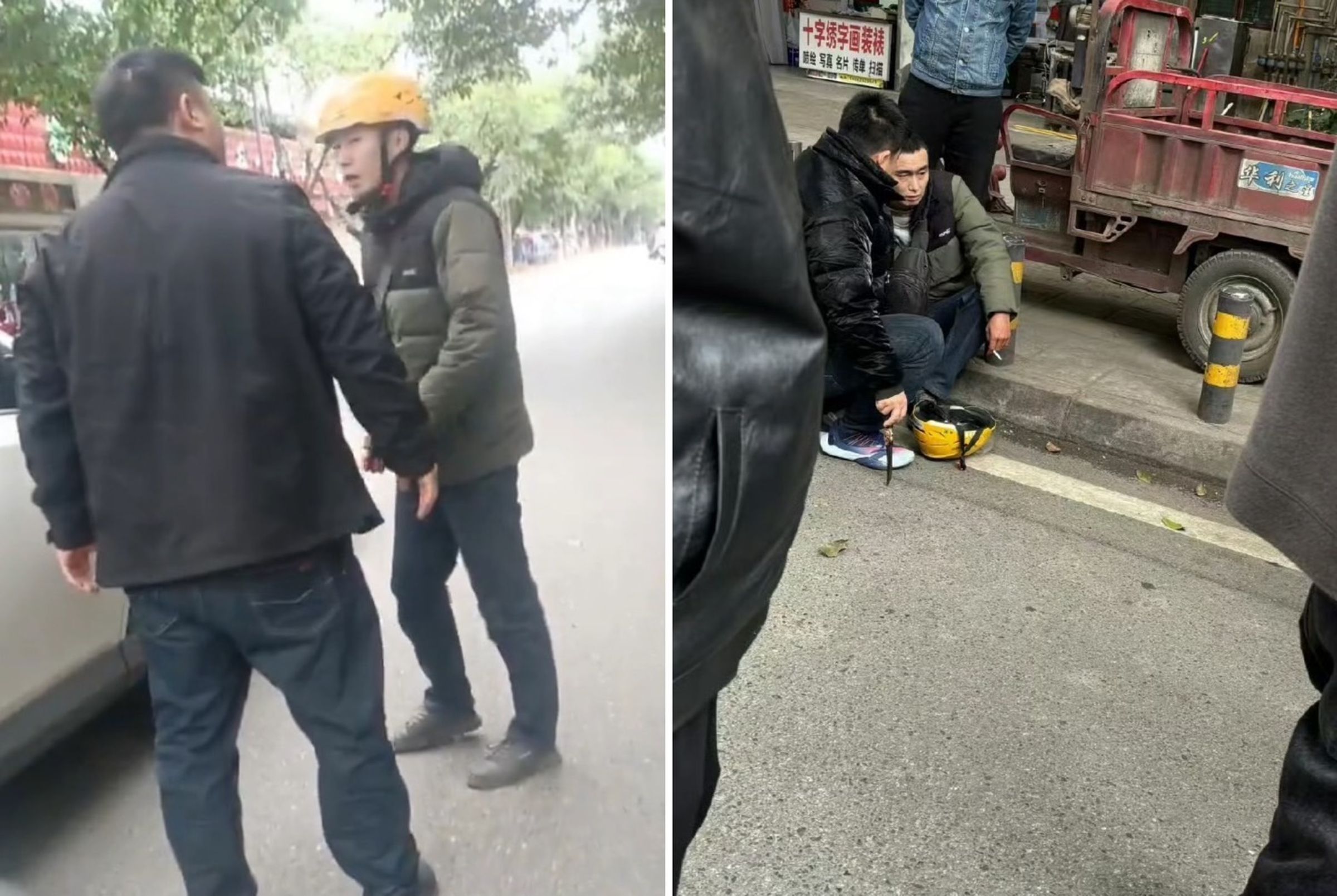 外送員與人起口角(左圖),砍人後(右圖)淡定抽菸。(合成圖;翻攝李老師不是你老師「X」)