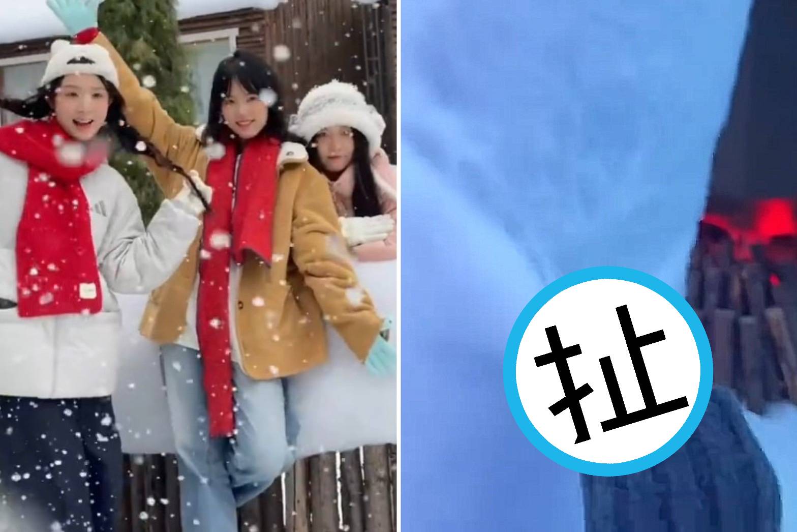 中國「冰雪狂歡節」宣傳片拍的很唯美（左圖），但被發現是棉花及沙子假冒。（翻攝微博）