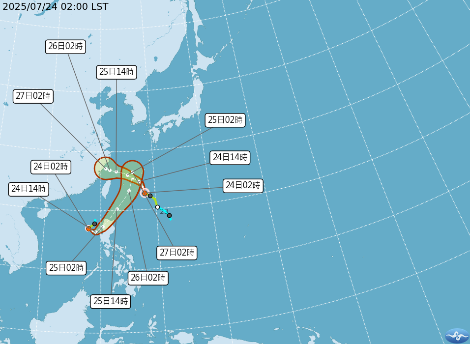 第7號颱風范斯高將於今晚最接近台灣，與第8號颱風竹節草前後夾擊。（取自中央氣象署官網）