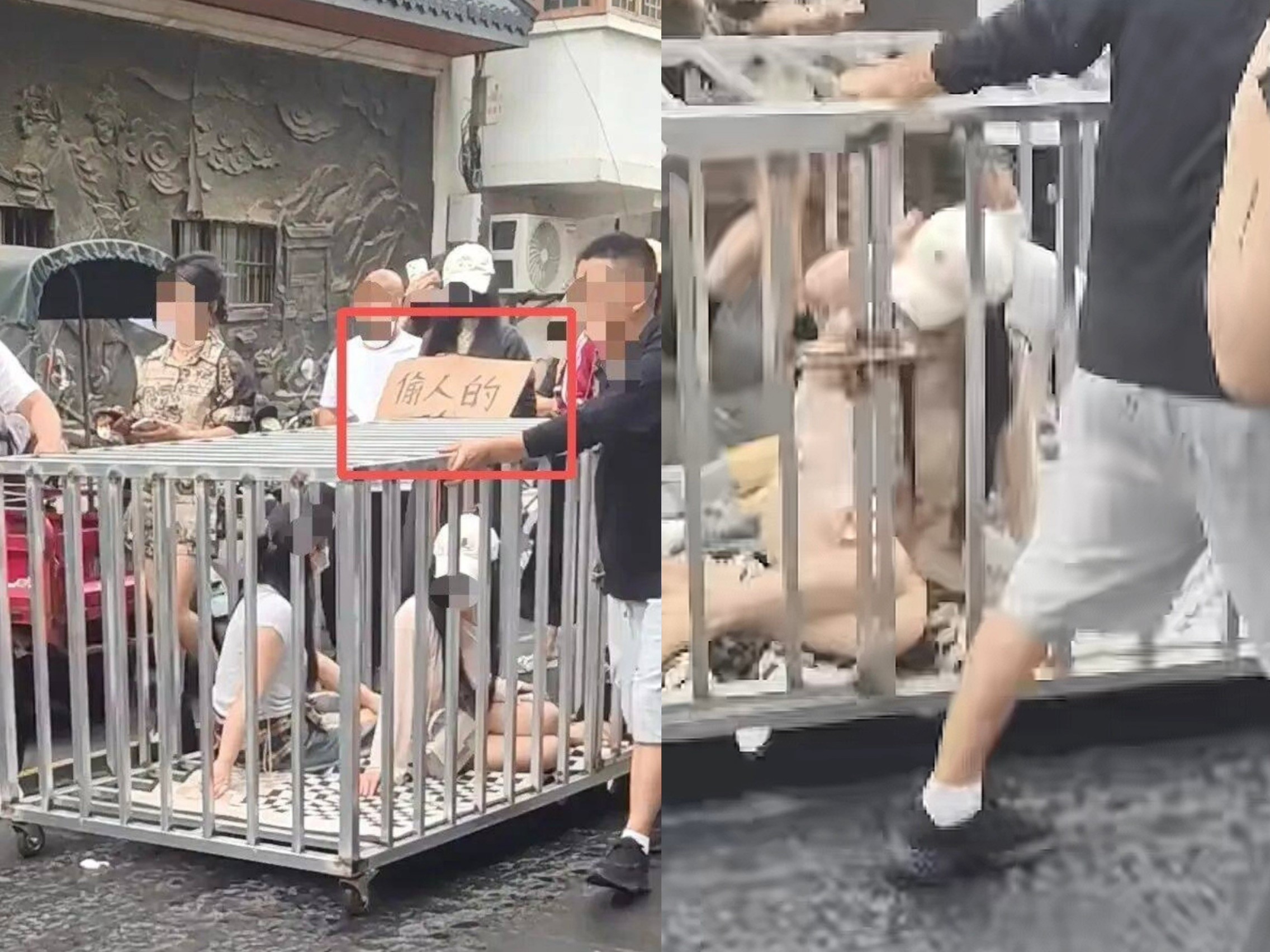 中國大陸湖南省岳陽市汨羅市有將兩名戴口罩的女子及一隻黑狗被關籠遊街示眾。（翻攝自微博）