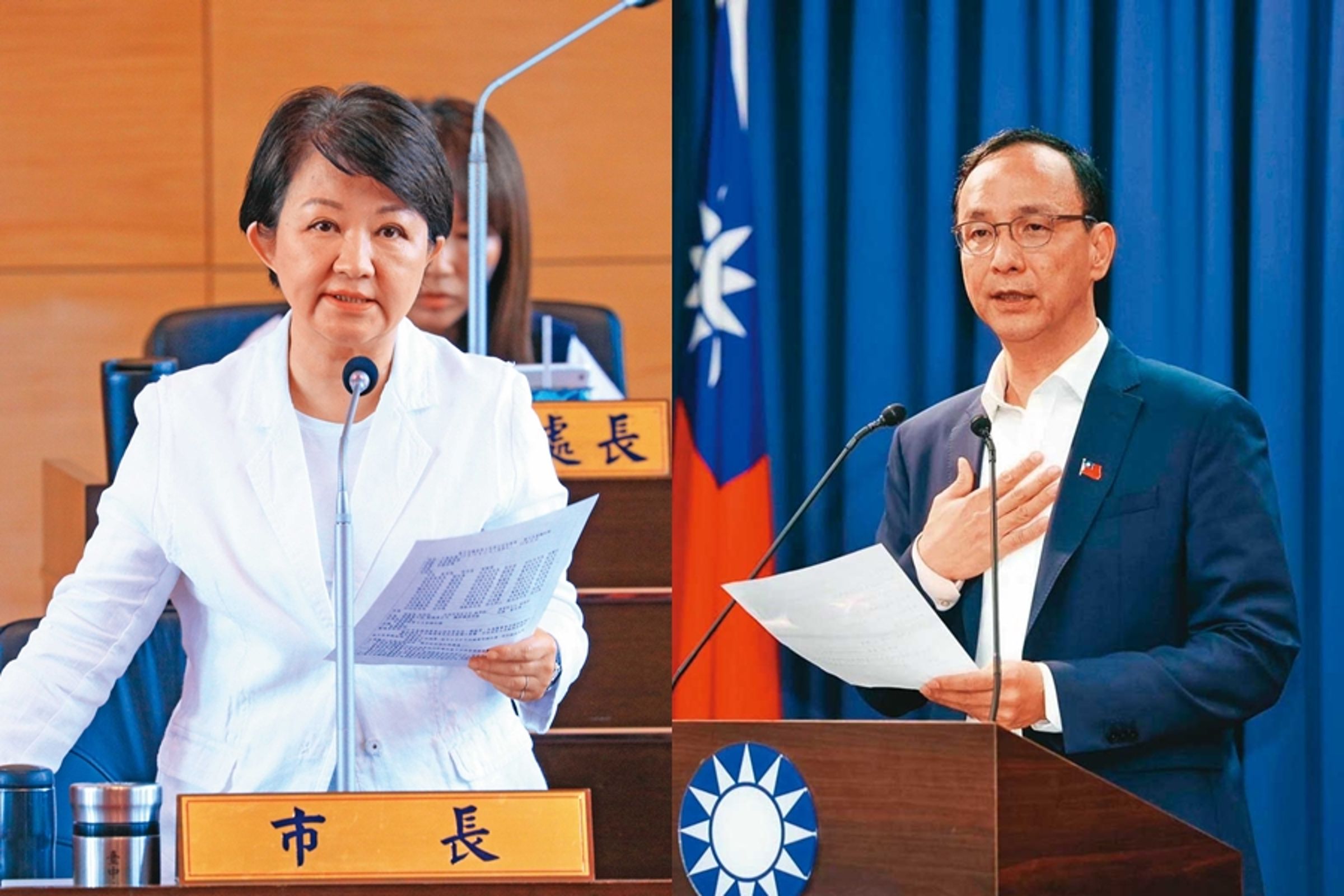 朱立倫(右)近來接待外賓、出訪行程明顯增加,積極調和形象;盧秀燕(左)幾無爭取黨魁動作,令黨內反朱勢力相當著急。(台中市府提供、國民黨提供)