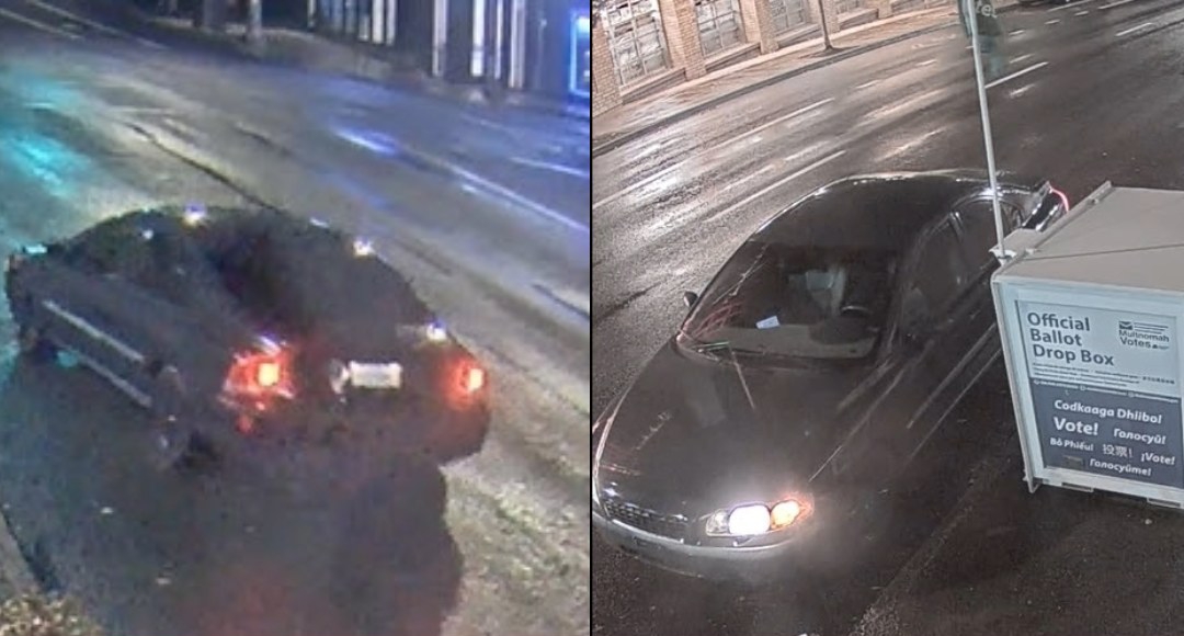 美國波特蘭與華盛頓州溫哥華均發生了投票箱遭縱火事件，目前警方鎖定1可疑車輛。（翻攝自Multnomah County Sheriff's Office臉書）