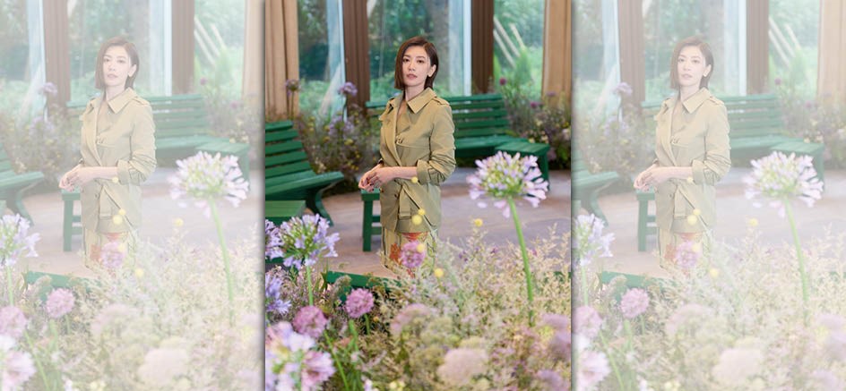 賈靜雯身著Highgrove系列花環色短版風衣NT$85,000、乳酪色印花短裙NT$59,000出席花園派對。（BURBERRY提供）