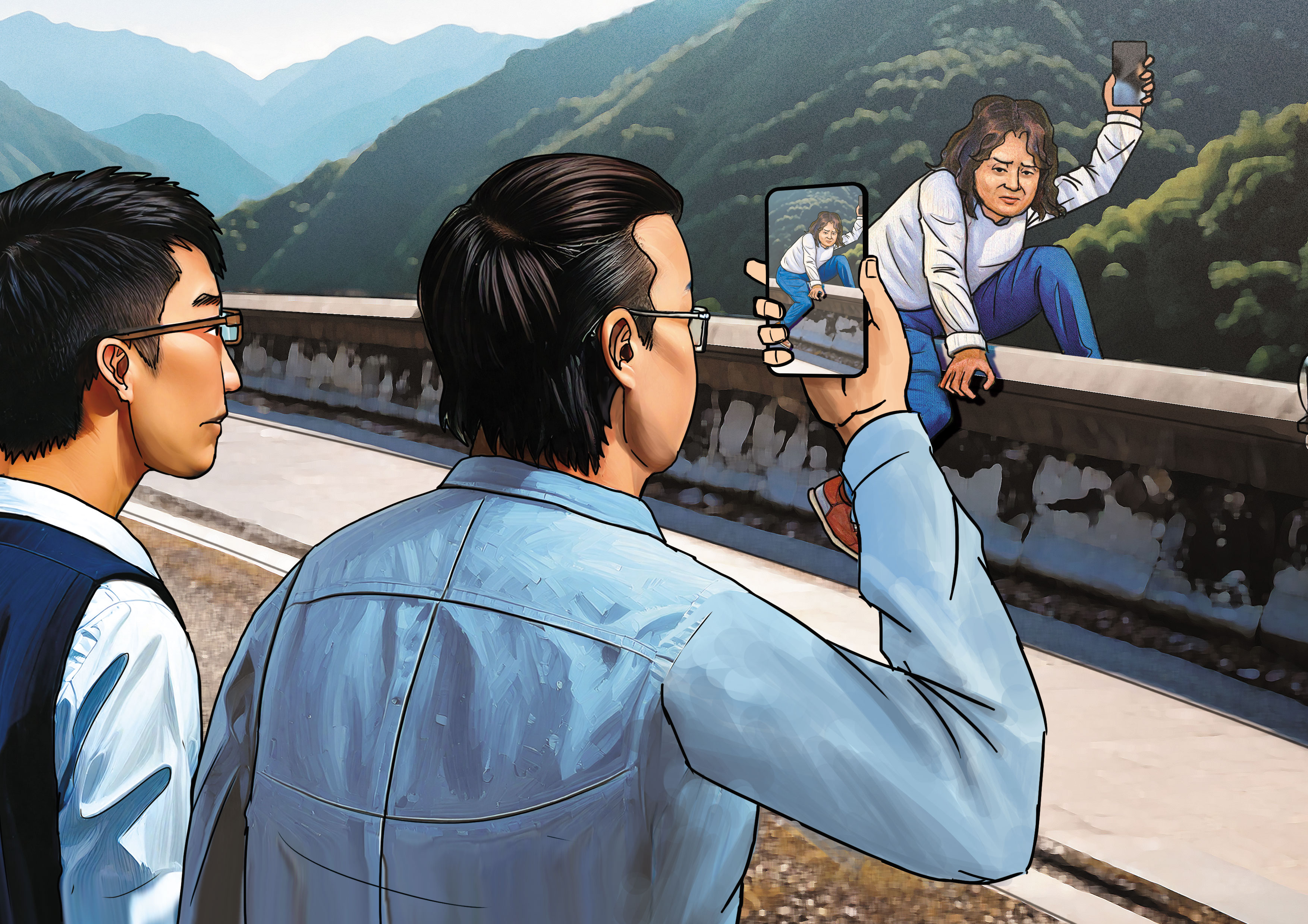 葉女為了詐保，假裝自拍失足，她的丈夫錄下過程，兒子也全程目擊。（示意畫面，AI繪圖Adobe Firefly生成，本刊美術組後製）