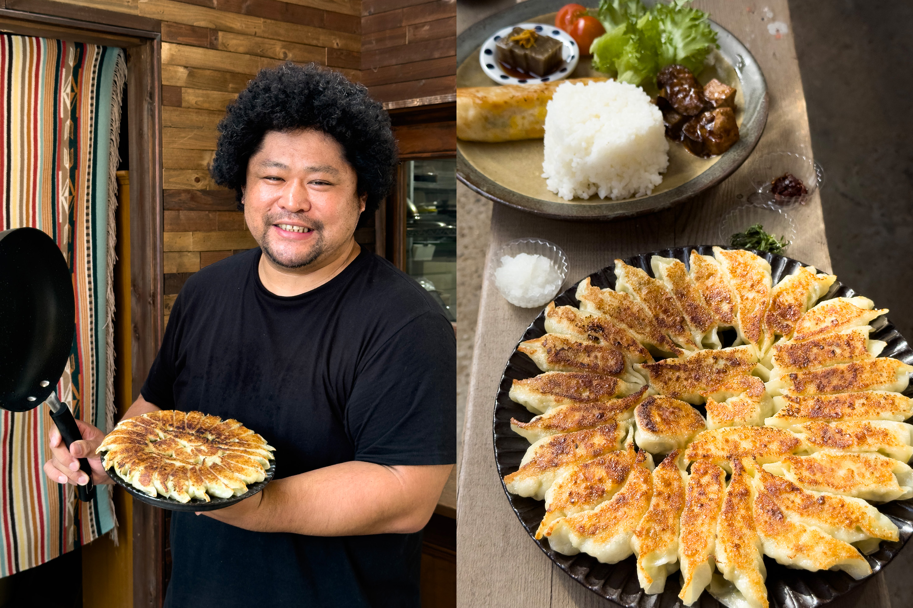 繼承十二代家業的日本最潮農夫坂尾英彥（左），用前衛造型顛覆傳統農夫形象；他使用銚子出產的高麗菜製作出甘甜多汁的煎餃（右）。