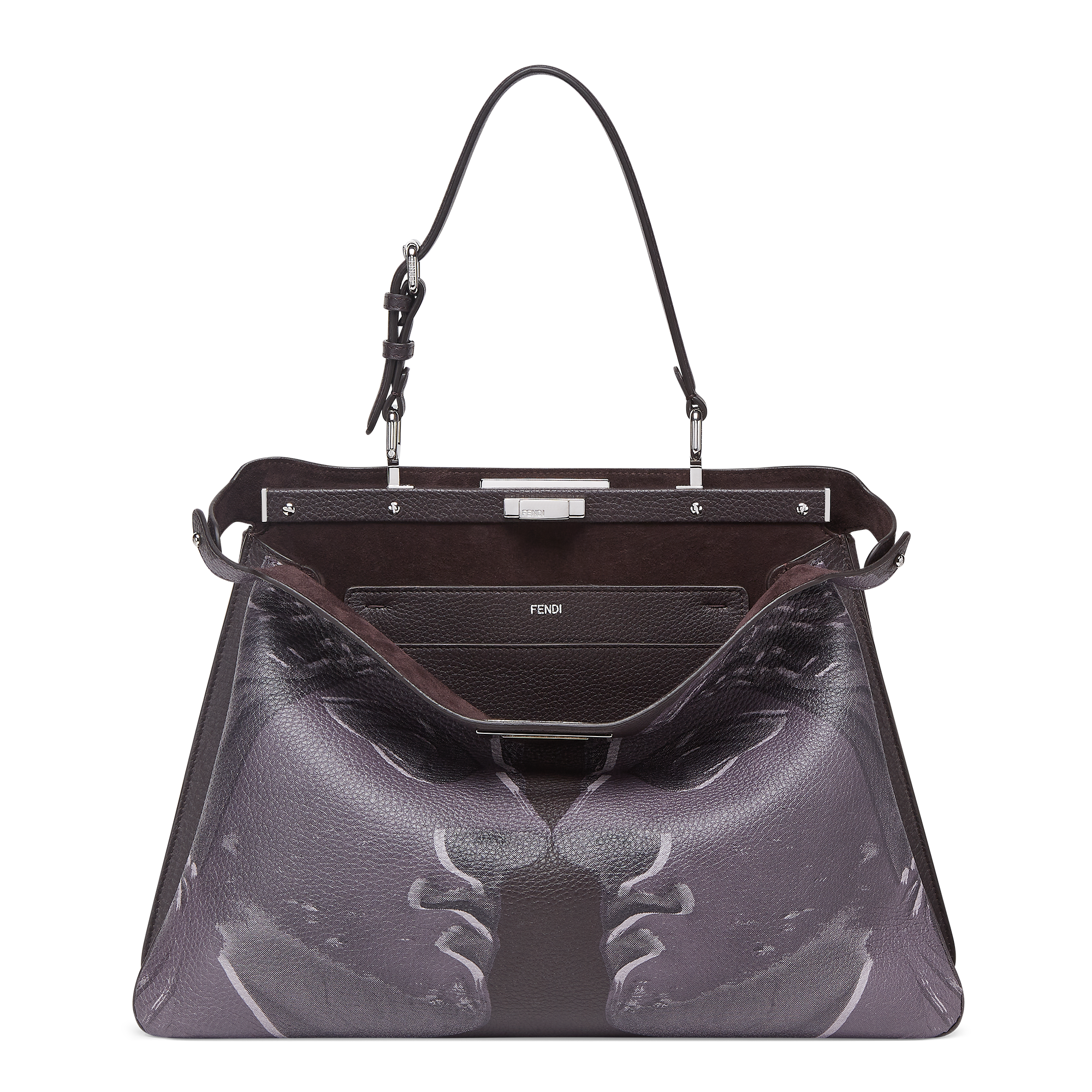 飾有雕像印花的深紫色Peekaboo Soft包款。NT$212,000(FENDI提供)