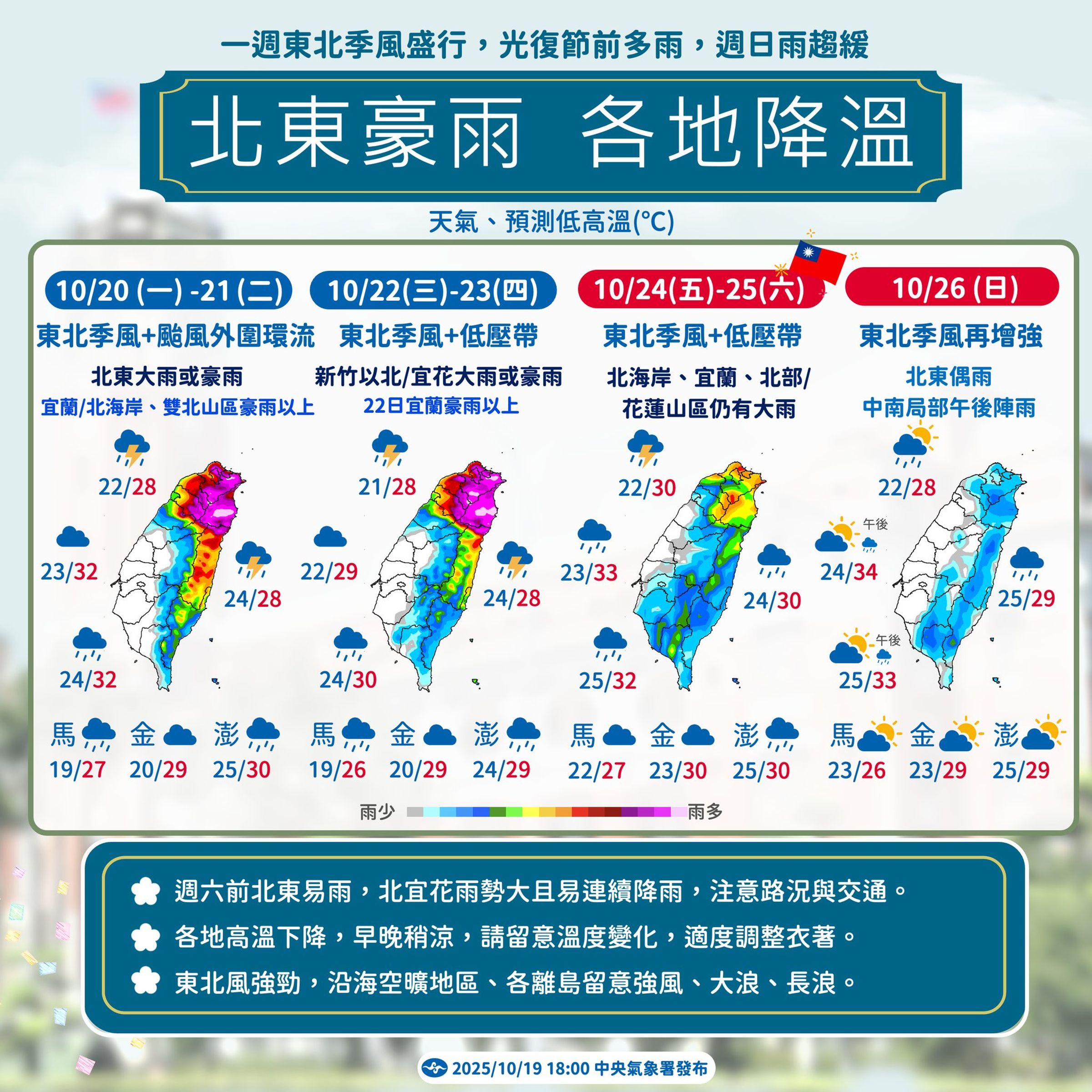 未來一週天氣,北台灣、東部到光復節都會有明顯降雨。(中央氣象署提供)