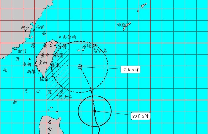 第3號颱風「凱米」來襲，今（23日）起至週五（26日）將影響台灣。（翻攝自氣象署）