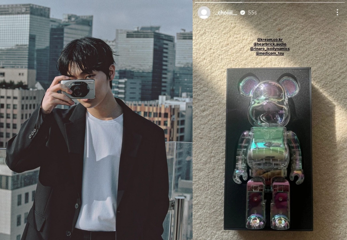 韓星崔顯旭拍照秀庫柏力克熊藍牙音響，結果反光倒影把自己出賣了。（翻攝崔顯旭INS）