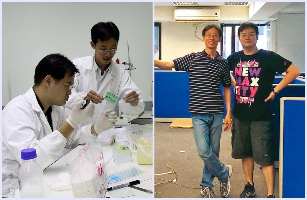 謝玠揚(右)與蔡松霈(左)從大學到博士班都是同學,二人是台大化工研究所少數畢業即創業的校友。(德典生技提供)