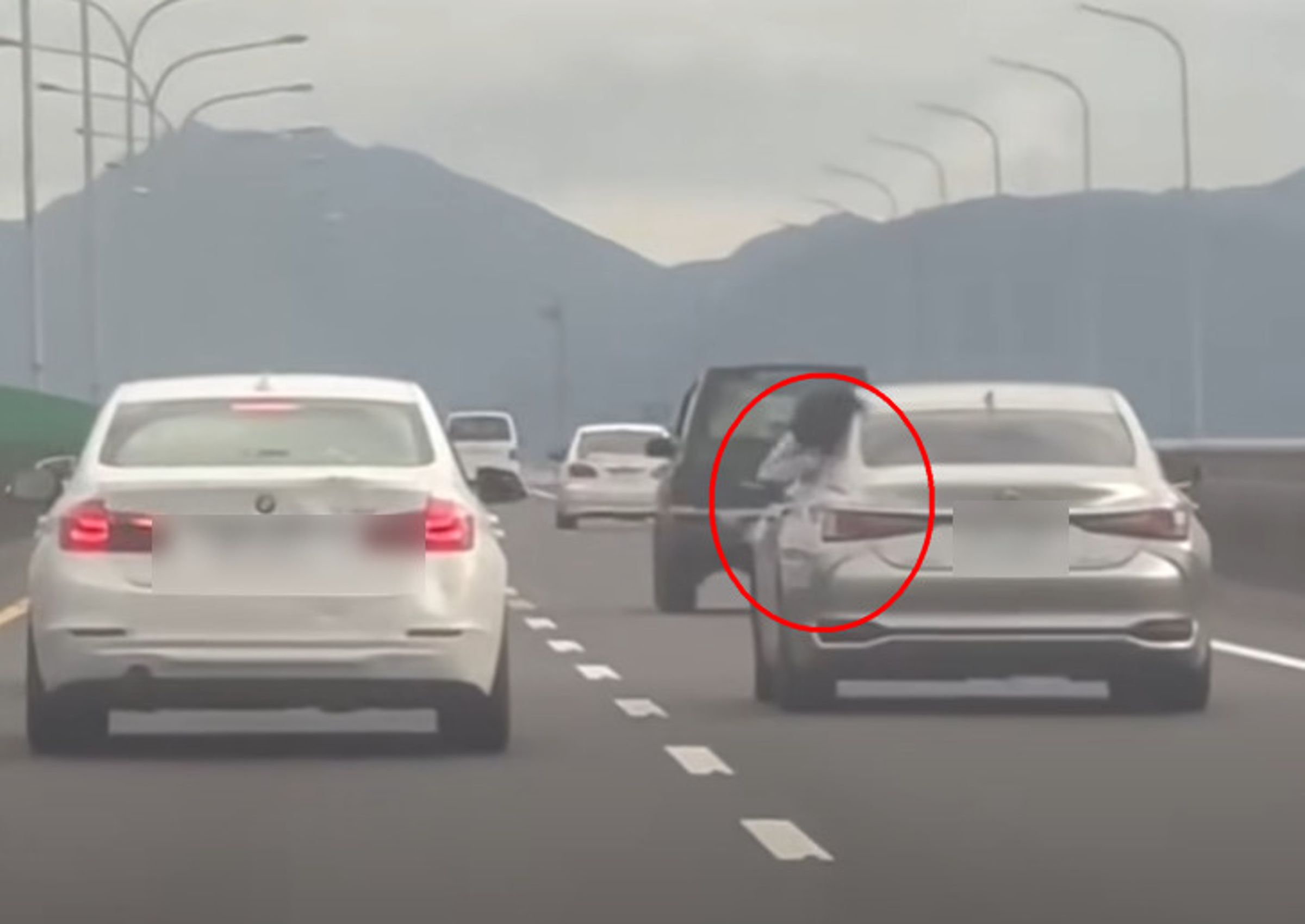 兩輛車子在國道上蛇行追逐,車上乘客還丟水球攻擊對方車身。(翻攝臉書社團「爆料公社」)