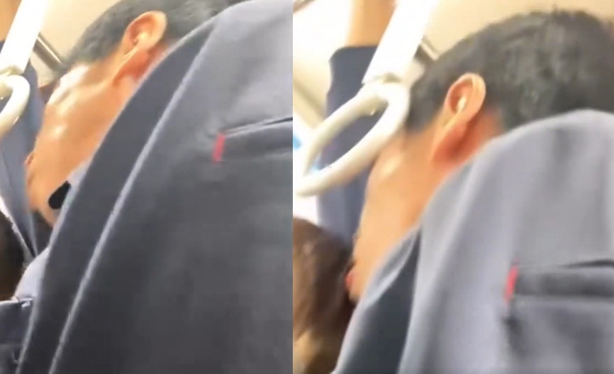 日本電車上一名男子緊貼女乘客，甚至還吃對方頭髮，噁心行徑被目擊者拍下上傳網路示警。（翻攝X@funaim5）
