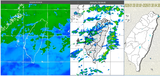 今晨4時30分紅外線色調強化雲圖顯示，台灣上空有有鬆散中層雲（左圖）。4時40分雷達回波合成圖顯示，伴隨弱降水回波（中圖）。4時30分累積雨量顯示，山區及東半部零星飄雨（右圖）。（翻攝自氣象應用推廣基金會）
