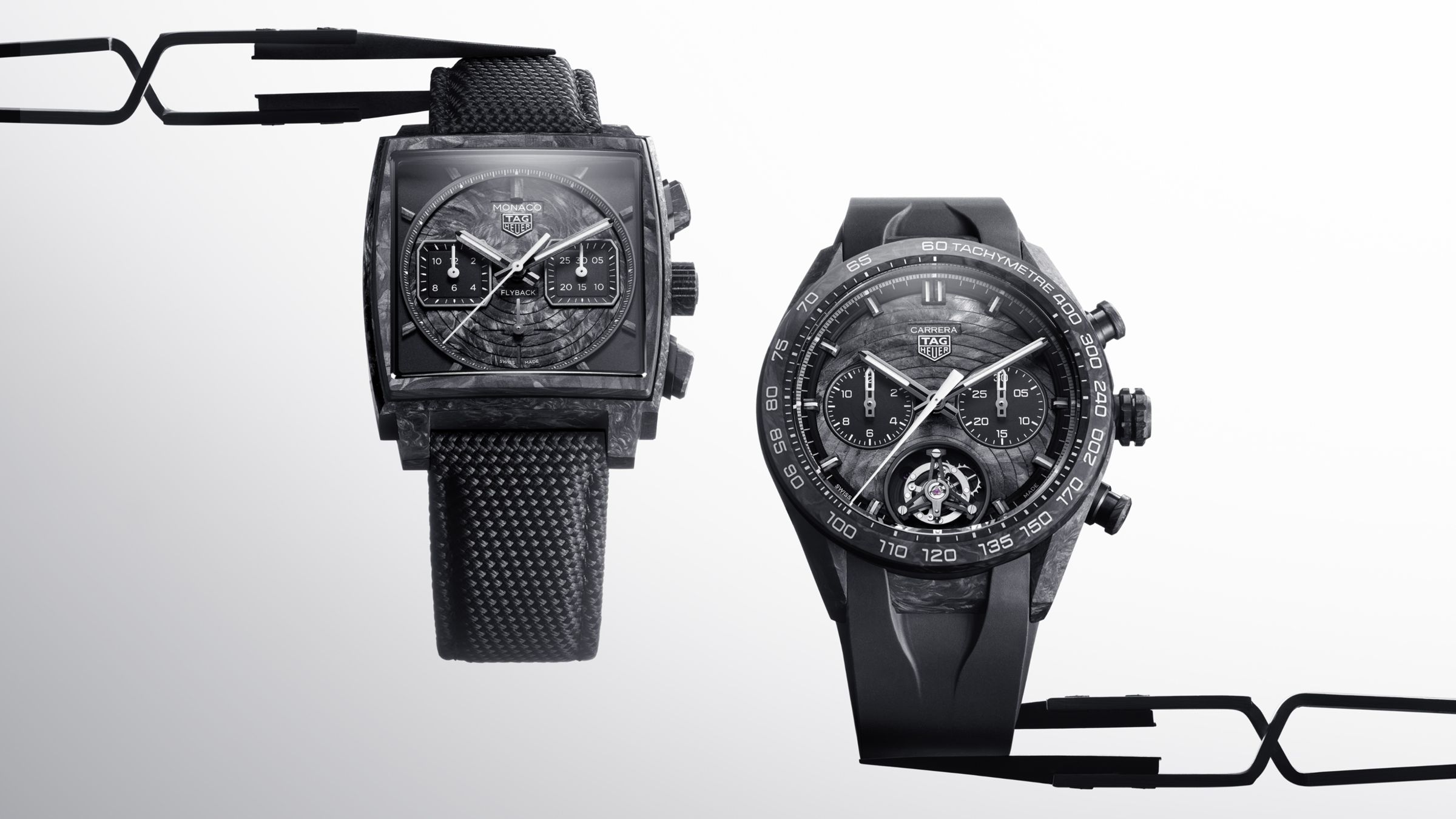 TAG HEUER今年將新一代的碳游絲TH-Carbonspring，搭載在Monaco計時和Carrera計時陀飛輪，透過進一步的優化提升游絲的耐受度與穩定性，勢必會是未來品牌頗為倚重的關鍵技術。定價NT$578,900（左）、NT$1,362,200（右），兩款各限量50只。