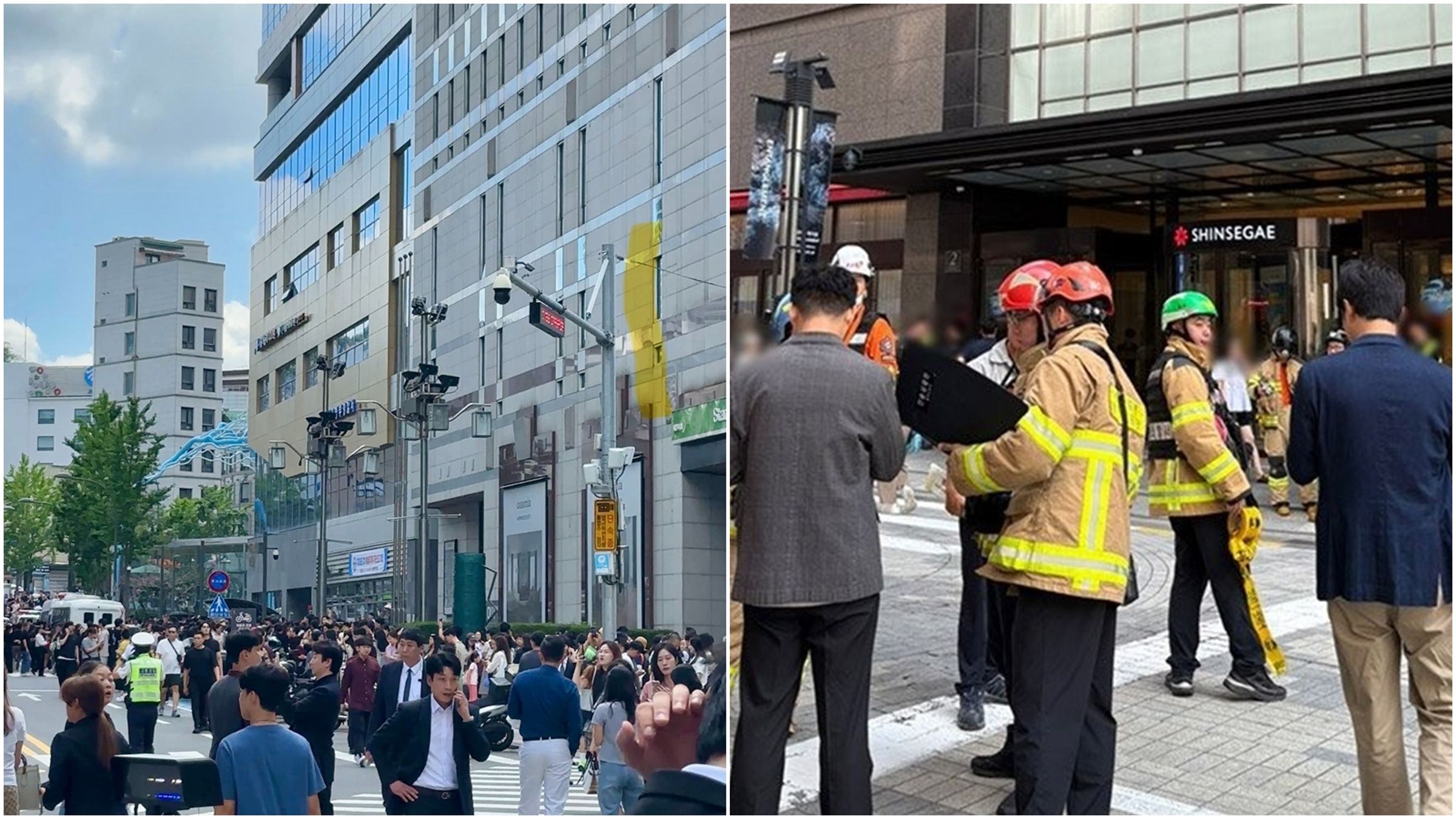 南韓首爾明洞新世界百貨總店昨日因為1則預告爆炸的貼文,一度使現場陷入混亂。(翻攝自X@snu0715、@jsh3pump_)