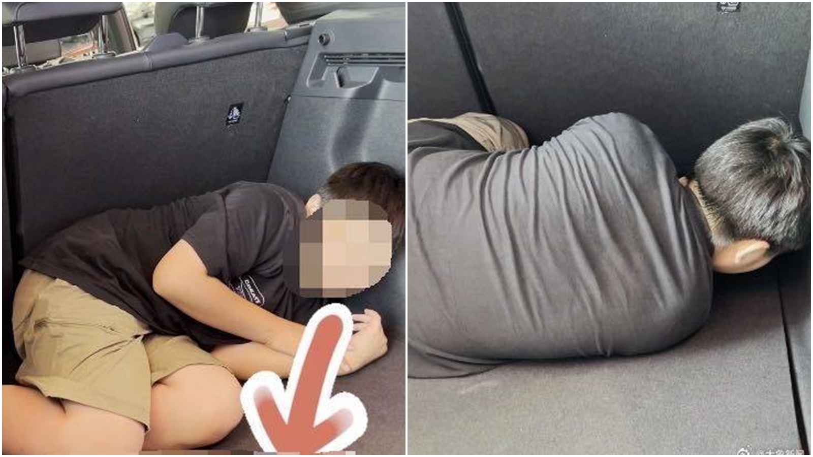 1名女子控訴，孩子與生父一家出遊卻只能與嬰兒車擠在後車廂。（翻攝自微博@大象新聞）