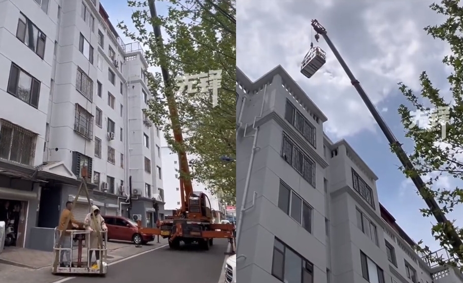 河北一名產婦剖腹產後返家，家人擔心她爬樓梯上樓會引發傷口裂開，找吊車載她上樓。（翻攝微博）