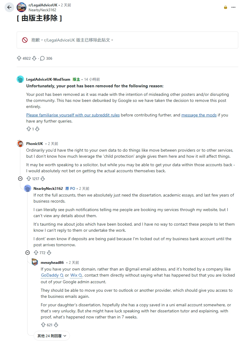 該家長的原始貼文已被版主移除,僅剩討論區仍可查看。(翻攝自Reddit)