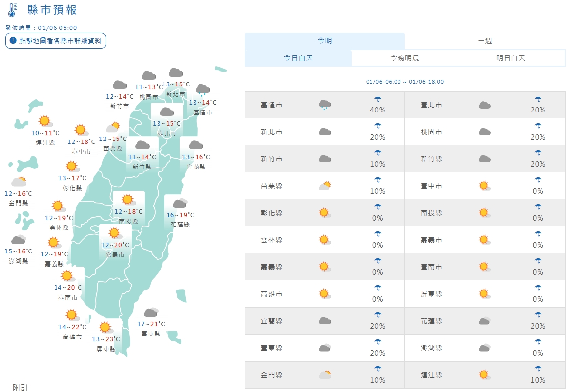 全台各地天氣狀況。(翻攝自中央氣象署官網)