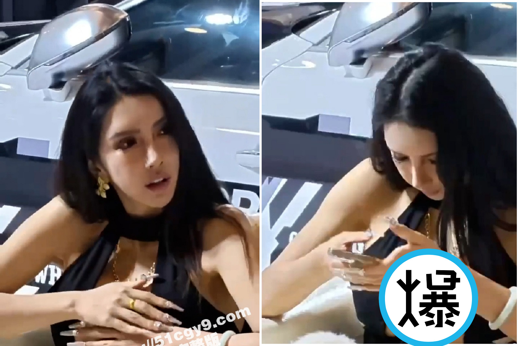 車模中場休息，一彎腰讓「葡萄奶奶」春光乍洩！網質疑不單純。（翻自《吃瓜網》）