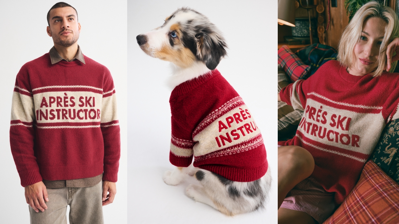 Abercrombie & Fitch成人毛衣能與家中萌寵穿上象徵「家人連結」的暖暖心意。男女共版標語針織毛衣NT3,690（onefifteen初衣食午提供）