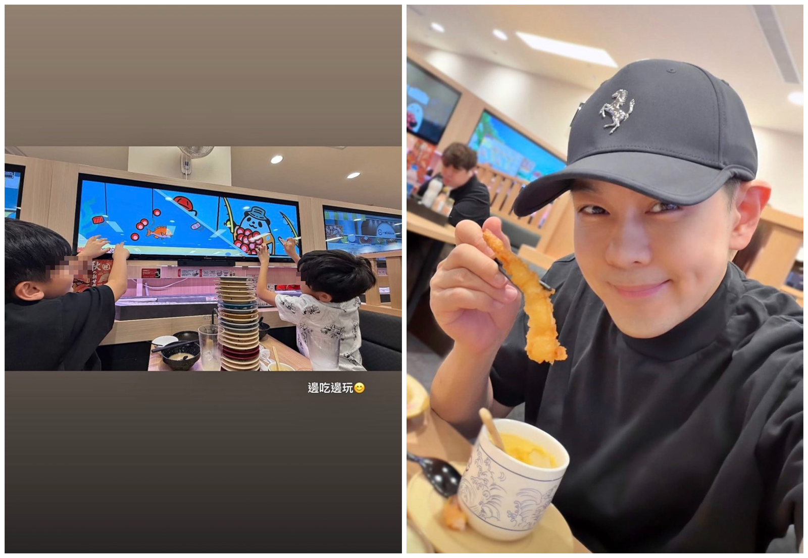 林志穎低調帶雙胞胎兒子到壽司郎用餐,桌上壽司盤疊得高高的,戰績相當驚人。(翻攝林志穎IG)