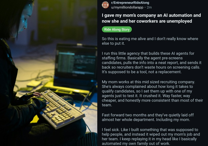 AI自動化系統快速崛起，讓不少企業在人力資源上掀起裁員潮。（左為示意圖，pexels／右翻攝自X @Darth Powell）