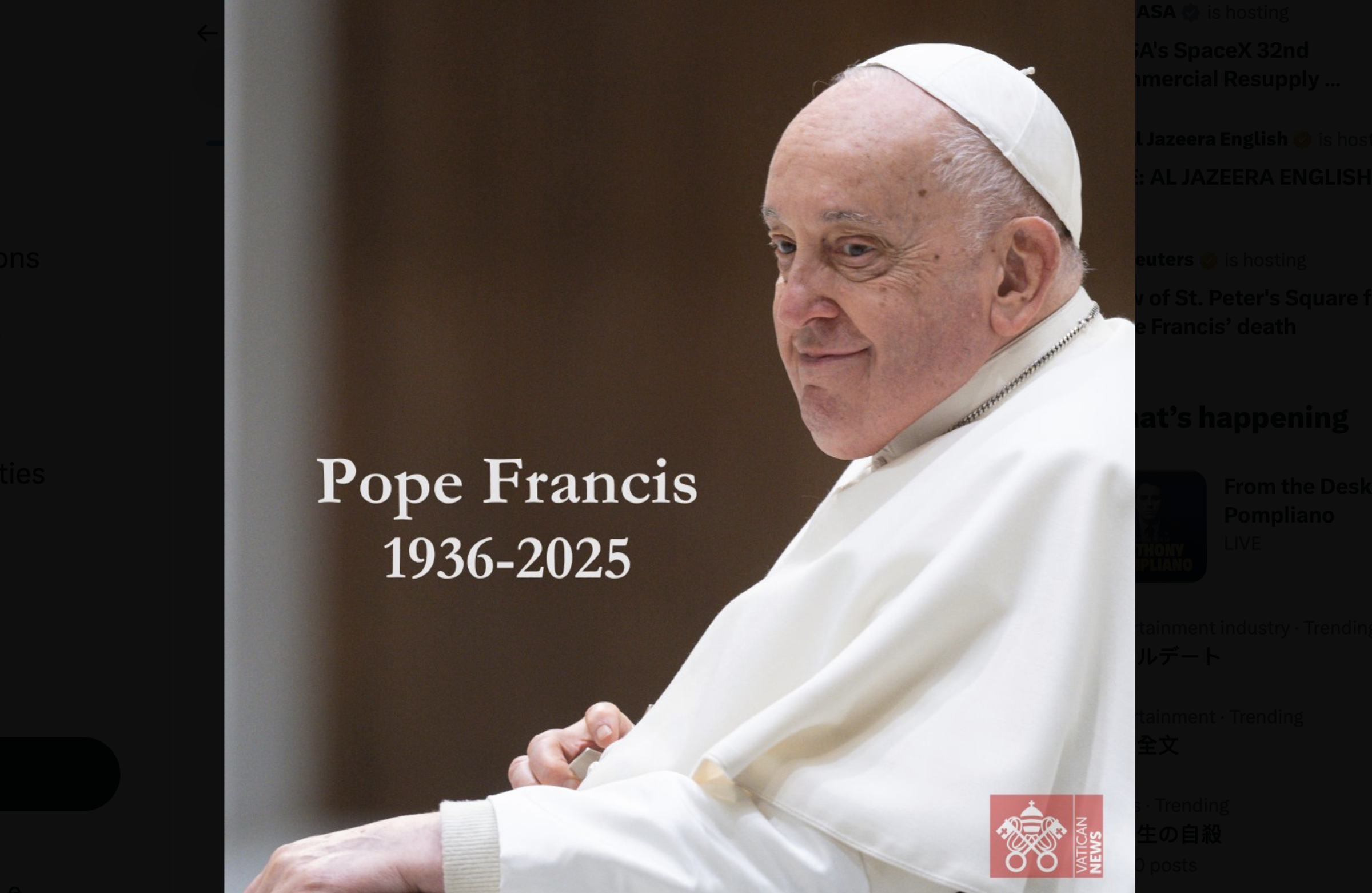 梵蒂岡證實，教宗方濟各蒙主恩召。（翻攝X@VaticanNews）