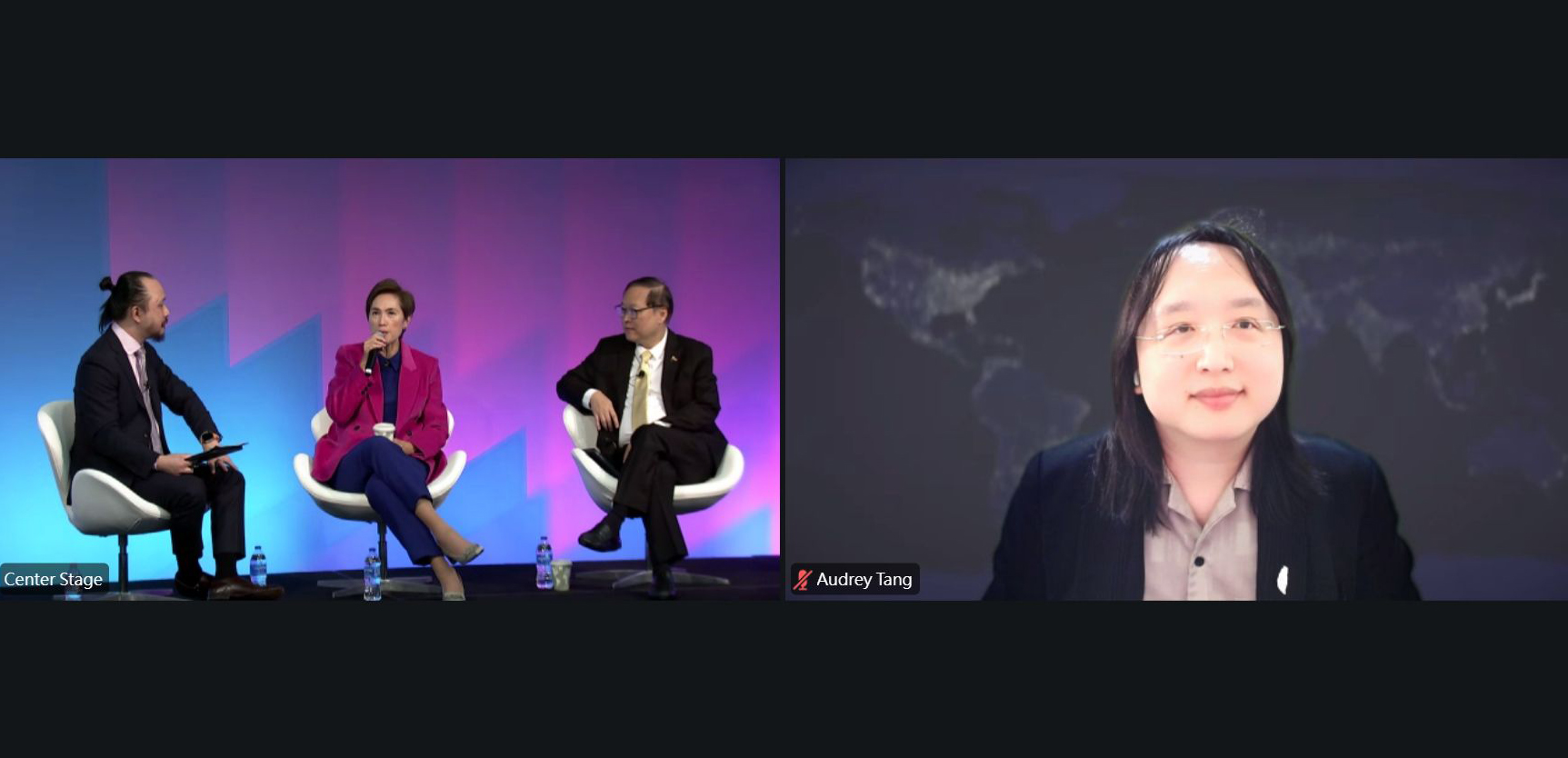 數位發展部長唐鳳於臺灣時間昨（7）日晚間線上出席美國華府舉辦的「促進國家競爭力AI博覽會」，與新加坡通訊及新聞部長楊莉明、菲律賓資訊和通信技術部部長Ivan John E. Uy分享臺灣經驗。（數位部提供）