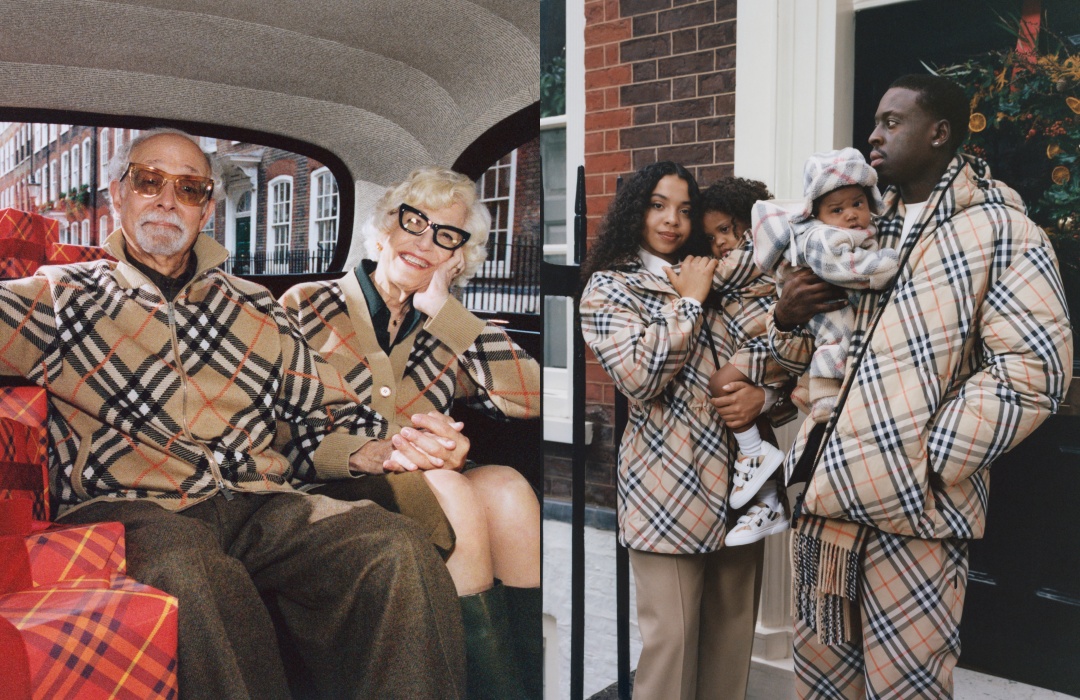 （圖左）Herschel與Lilly Stoller博士、（圖右）奈及利亞裔藝術家Slawn與伴侶Tallula Christie之家庭，皆在詮釋Wrapped in BURBERRY典藏獻暖擁抱摯愛親友的形象視覺。（BURBERRY提供）