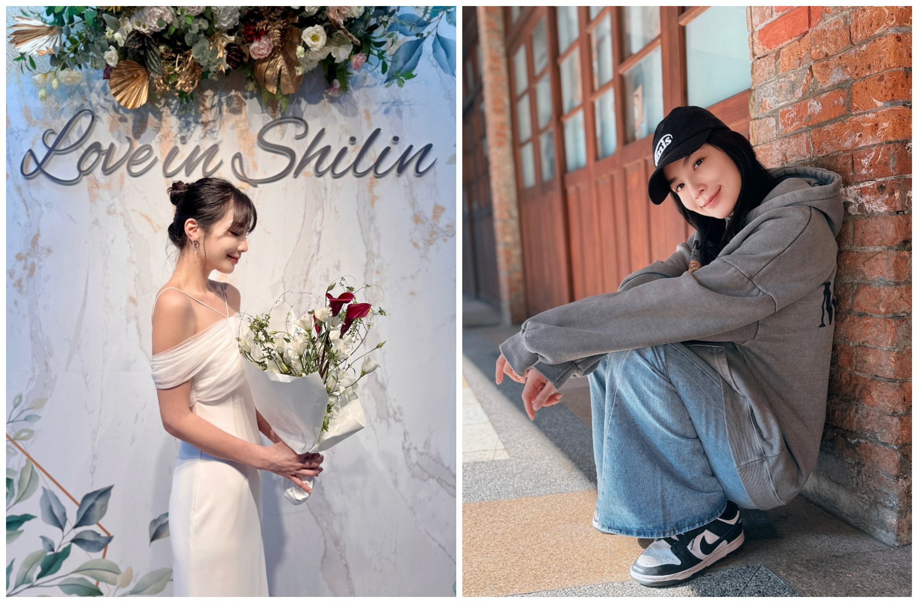 王嫚萱分享穿婚紗照片（左圖），透露已升格人妻一個月。（翻攝王嫚萱臉書）