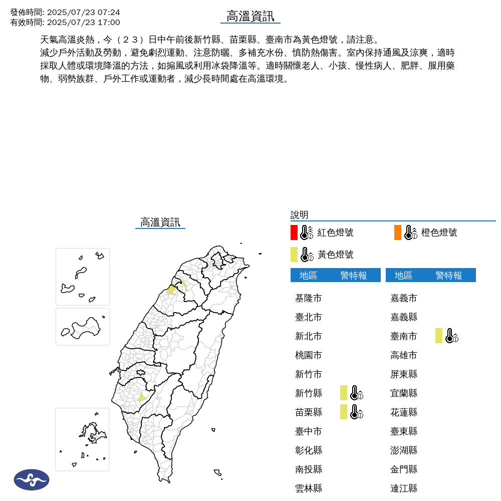 新竹縣、苗栗縣及台南市有亮起黃色燈號，高溫上看36度。（中央氣象署提供）