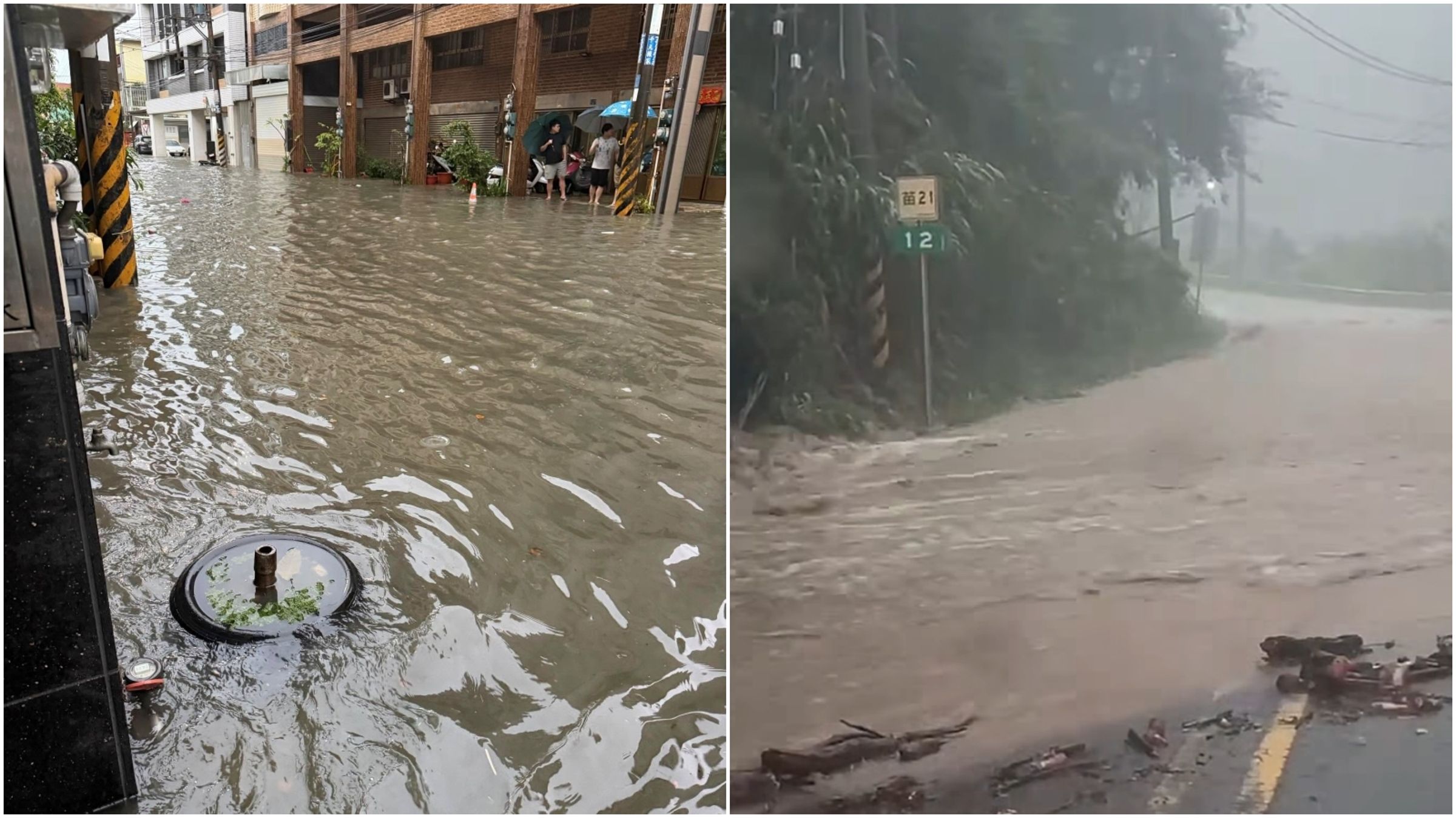 豪雨轟炸苗栗，民眾（左圖）起床發現上庄路已淹大水，另外苗21線道路（右圖）也淹成小河，道路中斷。（翻攝爆料公社、鍾東錦臉書）
