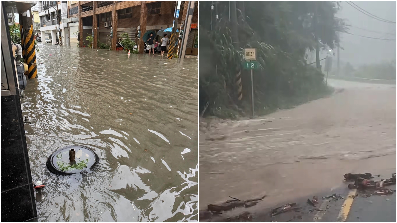 豪雨轟炸苗栗，民眾（左圖）起床發現上庄路已淹大水，另外苗21線道路（右圖）也淹成小河，道路中斷。（翻攝爆料公社、鍾東錦臉書）