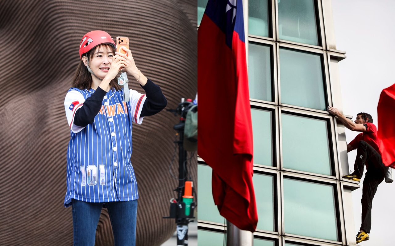 霍諾德(右)今挑戰攀登台北101,直播過程中數度拍到與中華民國國旗同框畫面,賈永婕(左)也在社群透露了自己的心機。(鏡報李智為/鄒保祥攝)