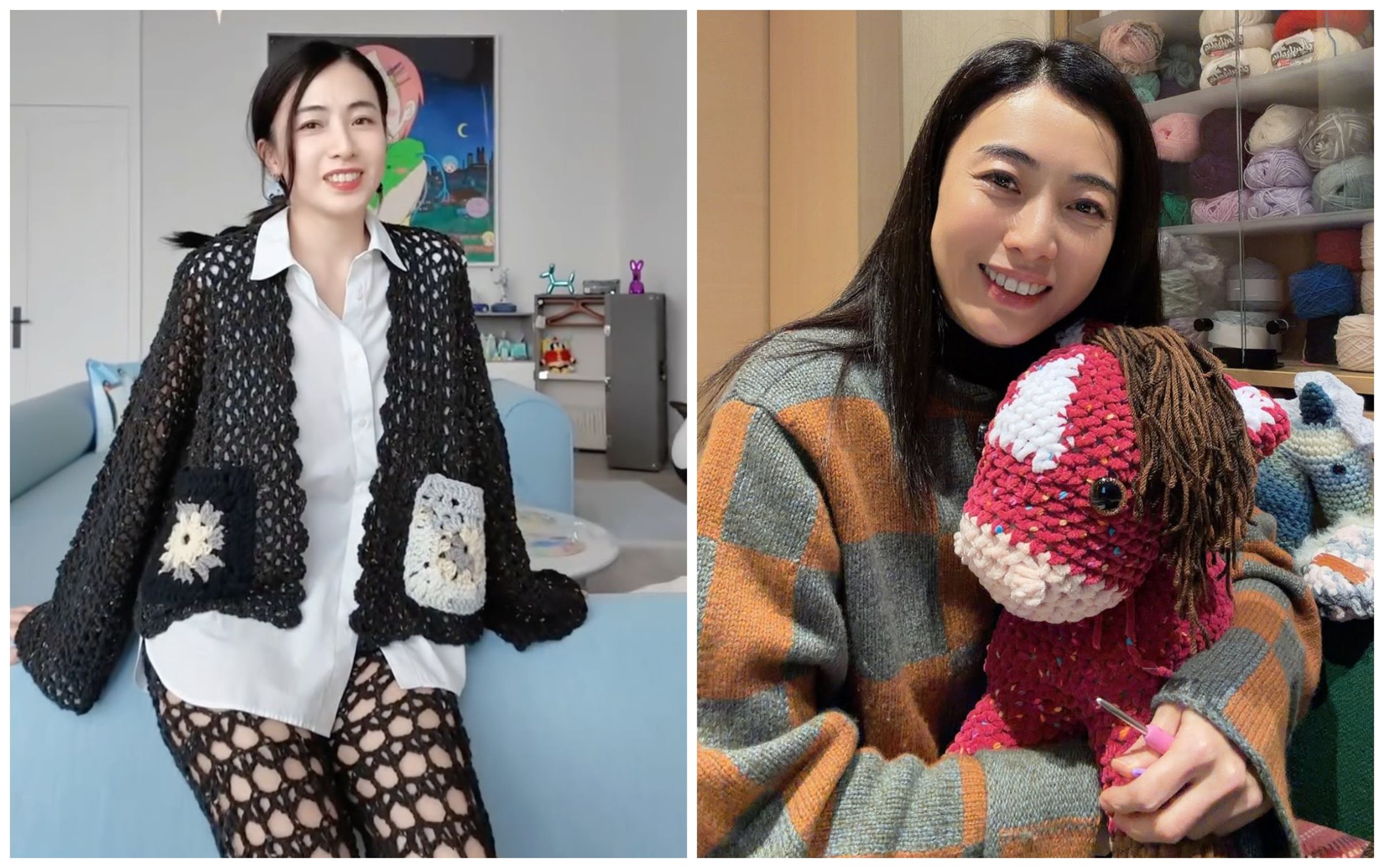 甘比熱愛鉤織,與網友分享她的「洞洞褲」穿搭(左圖),也曾在新年鉤了一隻小馬娃娃(右圖)。(翻攝kimbeechan_official IG)