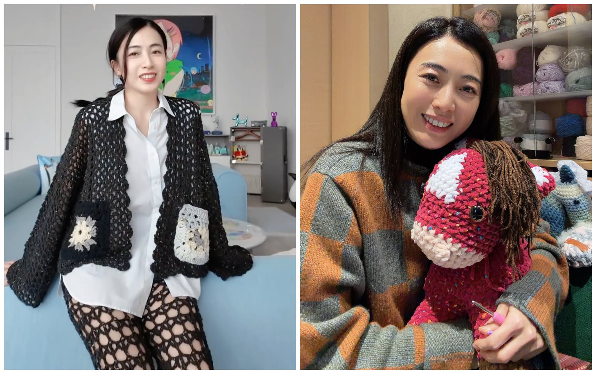 甘比熱愛鉤織，與網友分享她的「洞洞褲」穿搭（左圖），也曾在新年鉤了一隻小馬娃娃（右圖）。（翻攝kimbeechan_official IG）
