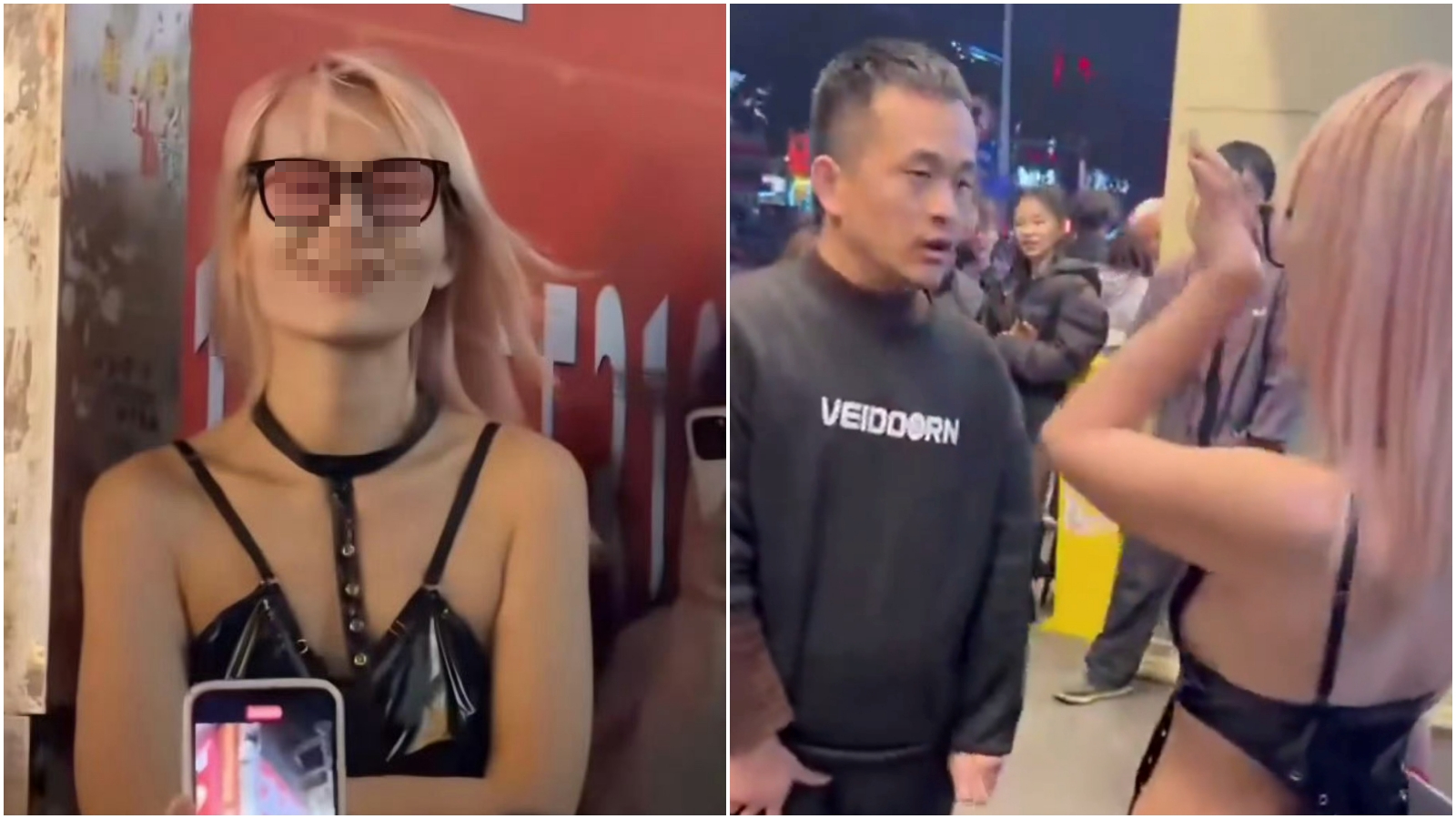 金髮女與男子當街進行猥褻行徑，引發民眾圍觀拍照。（翻攝X@whyyoutouzhele）