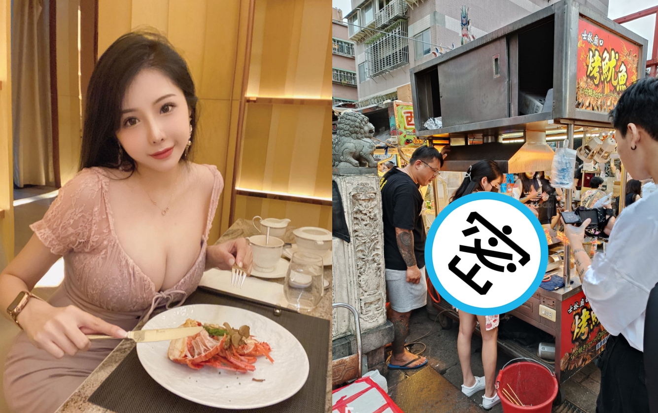 女模晴天裸上空只穿圍裙、熱褲，在士林夜市魷魚攤烤魷魚。（翻攝晴天臉書）