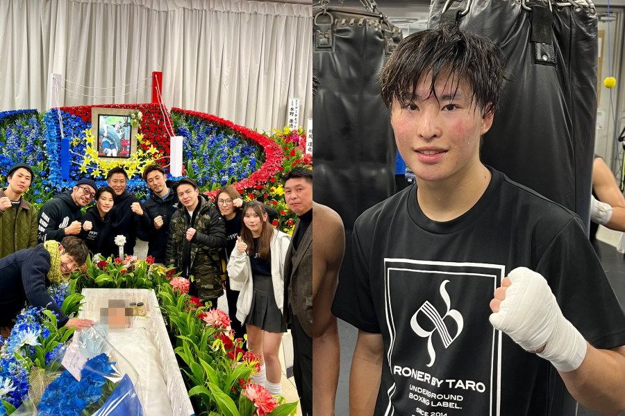 日本年輕拳王坂間叶夢（右）18日傳出過世消息，沒想到近日親友與其遺體的合照引發爭議。（翻攝自@JBSPORTSGYM、@kanamu_sakama X）