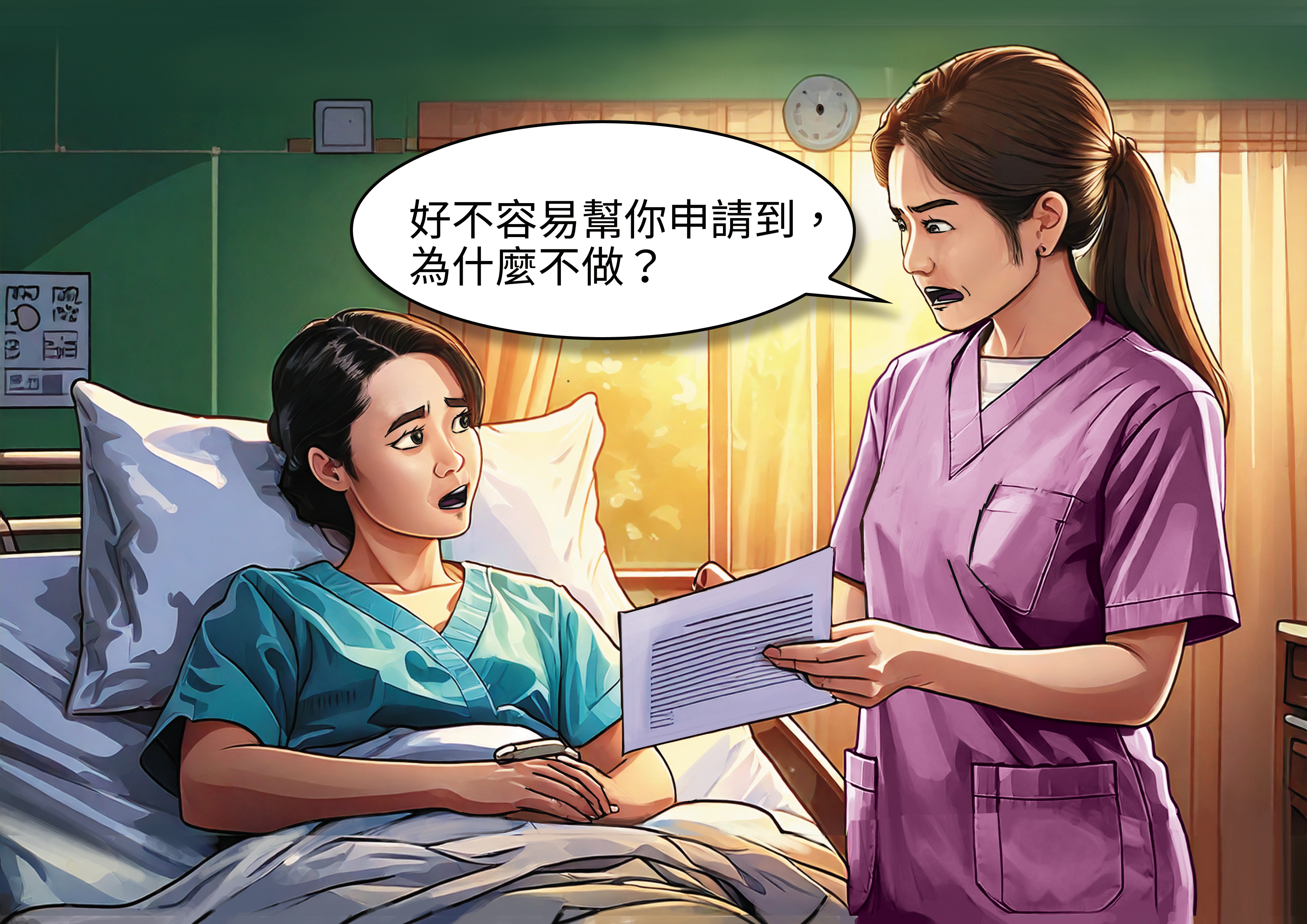 病患Ａ小姐開刀前一晚，護理師態度強硬地逼她簽下熱化療同意書。 （AI繪圖Adobe Firefly生成，本刊美術組後製）